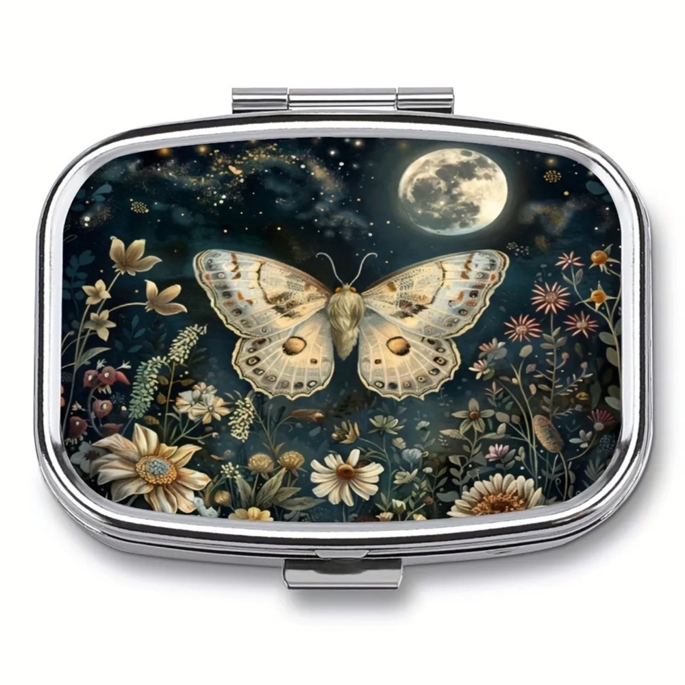 Moth Midnight Garden Whimsical Multi-Use Mirrored Pill Box Container
